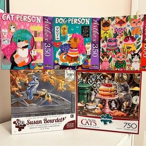 FIVE (5) JIGSAW PUZZLES, Cat, Dog, Bird, 350, 500, 550, 750 PIECES